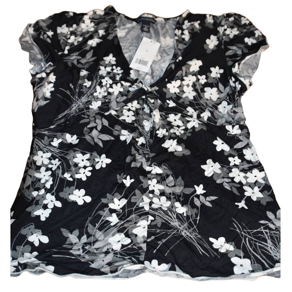 Banana Republic Cap Sleeve V-Neck Top, NWT, Medium, Black, Gray, Floral Print